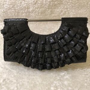 Black Ruffled Semicircular Clutch with Rigid Handle